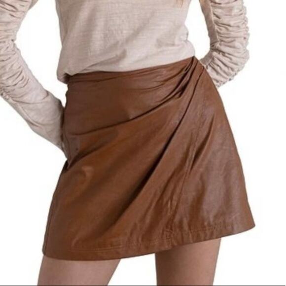 NEW Free People Fake Out Brown Faux Leather Vegan Wrap Skirt Size 2 - Picture 2 of 8